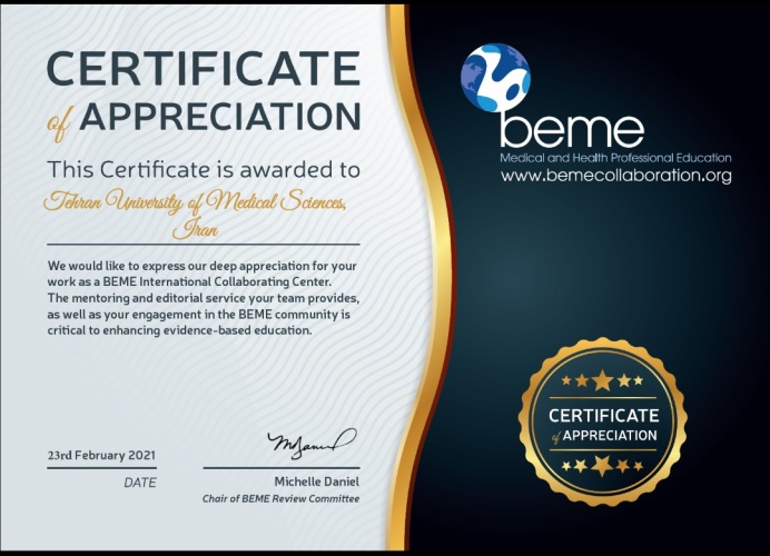 Certificate of appreciation BEME Collaboration